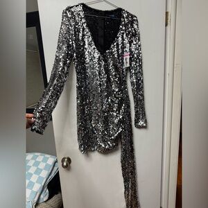 Bardot Silver Sequin Long Sleeve Dress